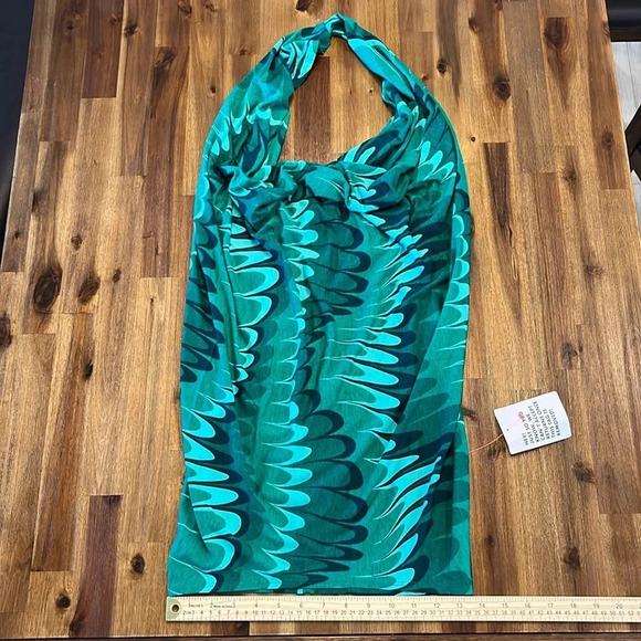 ASOS Design extreme halter cowl neck backless dress green wave print stretchy 8 - Picture 6 of 8